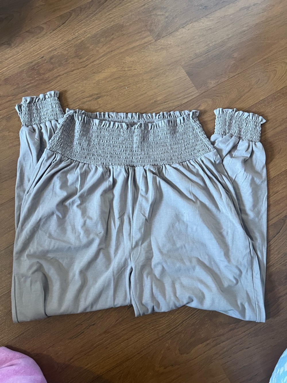 Smocked High-Waist Track Pants in Light Taupe